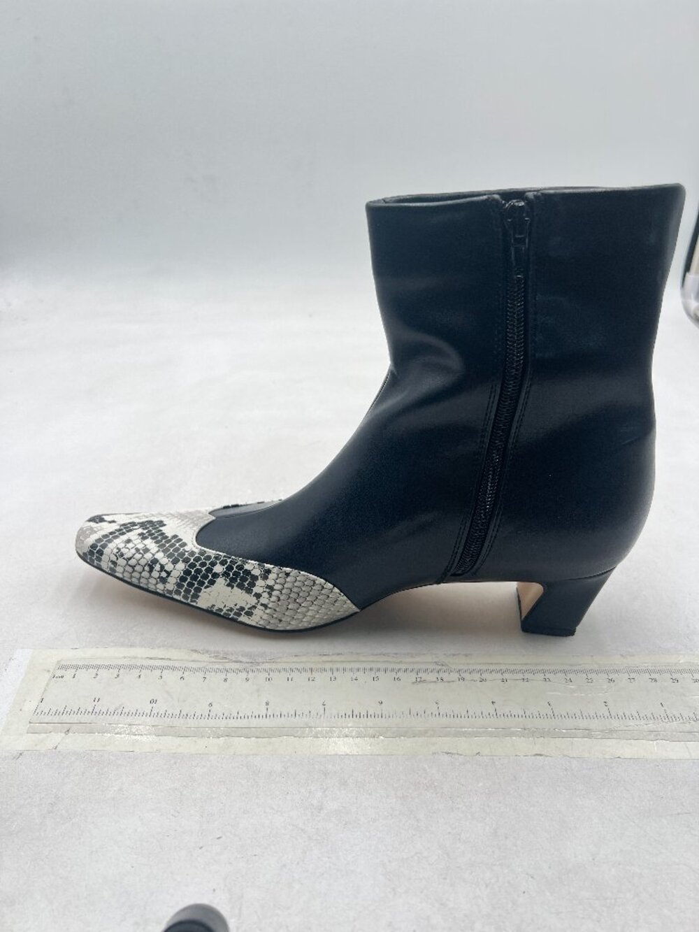Black Women's Ankle Boots Square Toe Chunky Heel Snakeskin Patchwork Boots